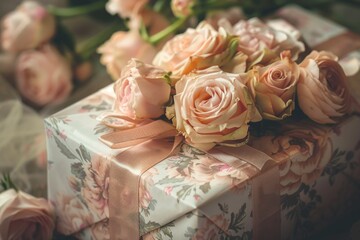 Sticker - A beautiful bouquet of pink roses sits atop a gift box, perfect for romantic occasions or as a thoughtful gesture