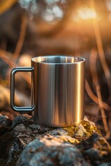 Sticker - Metal mug sitting on top of a rock in nature