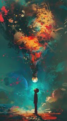 Canvas Print - Child Gazing at a Glowing Light Bulb in a Dreamy Galaxy