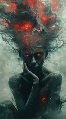 Wall Mural - A woman with a fiery head and glowing eyes stares intensely at the viewer.