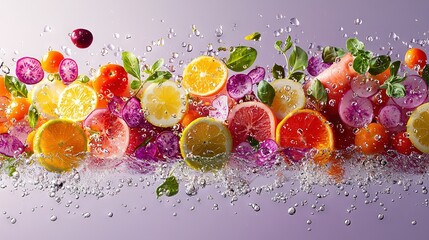 Wall Mural -   A variety of fruits and veggies, including oranges, lemons, grapefruits, and spinach, have water droplets both above and below the image