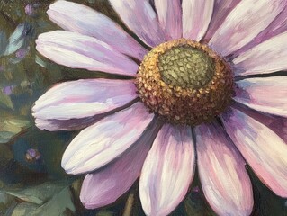 Canvas Print - Close up oil painting of a decorative lilac daisy showcasing its vibrant details within a garden setting