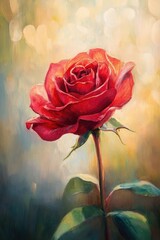 Canvas Print - Close up oil painting of a red rose flower with a soft blurred background