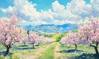 Oil painting depicting a spring fruit orchard with vibrant apple blossoms under a sunny sky