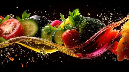 Wall Mural -   A variety of fruits and vegetables spill from a liquid bottle into a wave of water against a black background