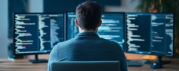 Augmented framework design, coder with digital screens, sleek modern setup