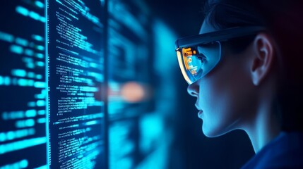 coder building frameworks, augmented screens, advanced tech environment, glowing blue