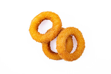 Wall Mural - Fried onion rings with mozzarella or plain. Delicious onion rings on white background