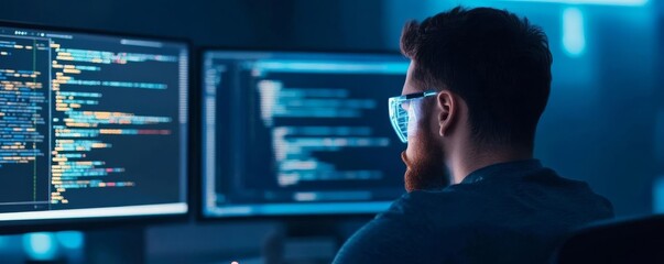 Coder with holographic framework tools, modern tech lab, blue and dark tones