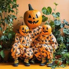 Wall Mural - Joyful Halloween celebration with pumpkin heads and playful outfits indoors