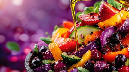 Wall Mural -   A close-up of a fruit and vegetable bowl with olive oil pouring on top