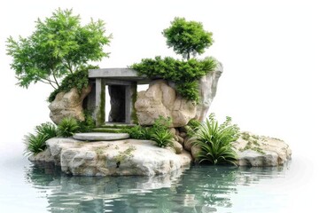 Wall Mural - Small house situated on a rocky outcropping in the middle of a lake or ocean