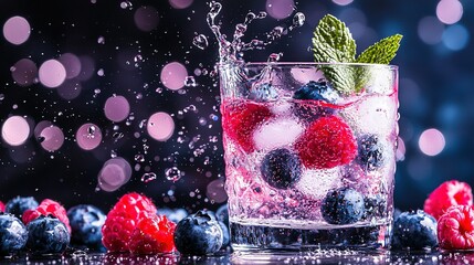 Wall Mural -   A glass of ice water topped with berries, mint, and both blueberries and raspberries sprinkled on the rim