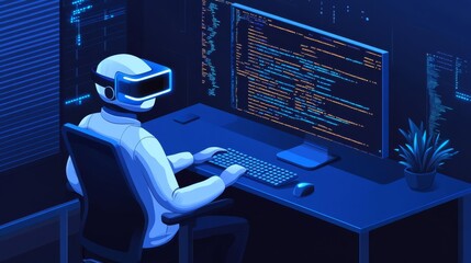 Framework development, augmented reality coding, modern tech environment, blue accents