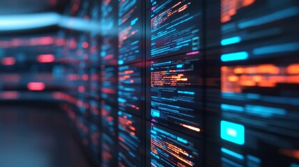 Hologram coding frameworks, virtual displays, sleek modern tech environment