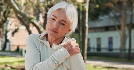 Poster - Shoulder pain, senior or woman in park stretching arms for outdoor workout or training in nature. Mistake, hurt and elderly runner in exercise or fitness warm up routine with joint injury accident