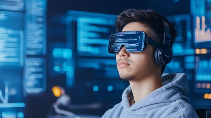 Holographic framework design, coder refining, futuristic office setup