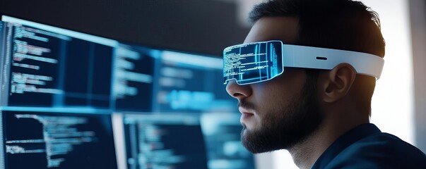 holographic framework optimization, coder with virtual screens, sleek modern setup