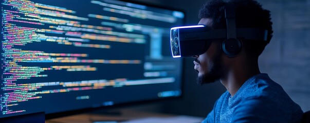 Programmer integrating frameworks, augmented reality screens, modern workspace