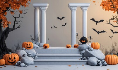 Halloween scene with pumpkins, skulls, and bats around stone steps.