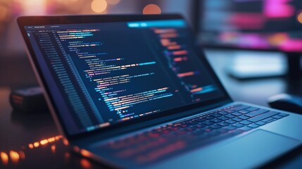 Laptop screen displaying colorful code, concept of software development.