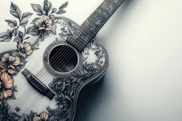 Intricate Hand-Drawn Acoustic Guitar Sketch with Detailed Floral Patterns on a Plain White Backgro