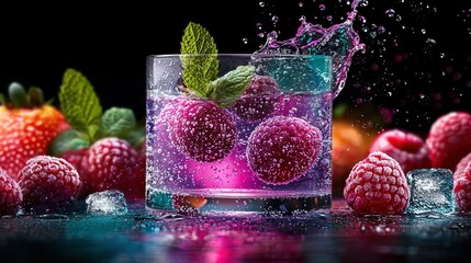 Wall Mural -   Raspberries and mint in a glass of water with ice cubes on a black background