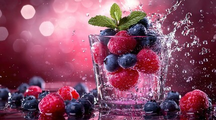 Wall Mural -   Blueberries and Raspberries in Water with a Glass of Splashed Water