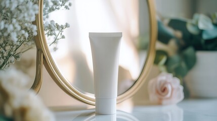 Poster - A tube of cream stands prominently on the table, illuminated by gentle morning light and framed by a mirror and flowers. Generative AI