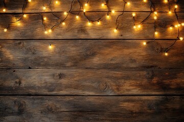 Wall Mural - Rustic wooden background with warm string lights