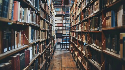 A long aisle in a library, filled with bookshelves and books, with a ladder on one side and wooden floors.