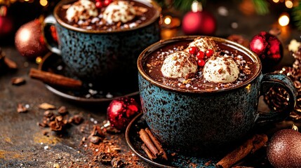   Two mugs of hot chocolate with marshmallows and cinnamon on a table next to a Christmas tree