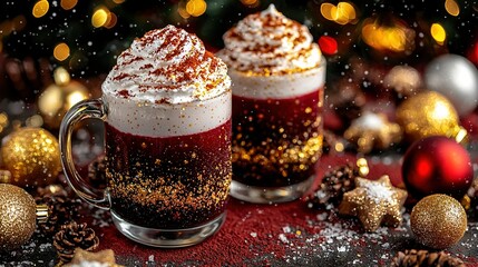   Two steaming mugs of hot chocolate topped with whipped cream and sprinkles on a festive red table adorned with Christmas decor