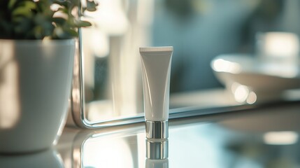 Poster - A tube of cream sits on a countertop, its reflection captured in a nearby mirror, illuminated by soft natural light. Generative AI