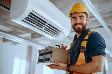 Portrait of professional cheerful smiling electrician man standing on ladder holding toolbox maintaining