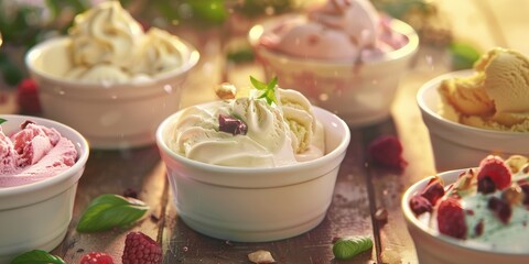 Wall Mural - Homemade No Churn Ice Creams in Various Flavors Ready to Enjoy in Convenient Pots Indulge in these Delightful Creations Made with Condensed Milk Cream and a Variety of Tasty Additions