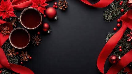   A red-ribboned black table is adorned with two cups of coffee and poinsettias, as well as pine cones