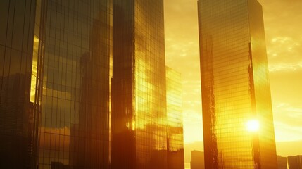 Wall Mural - Sunrise in a city with tall glass skyscrapers reflecting golden light.