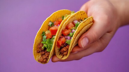 Hand holding three beef tacos with lettuce, tomato, and onion on a purple background