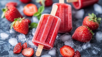 Wall Mural - Tasty Ice Pops with Fresh Strawberries