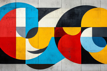 A modern abstract art backdrop featuring bold geometric shapes in vibrant primary colors. The shapes overlap and intersect, creating dynamic tension and movement. The overall design is eye-catching