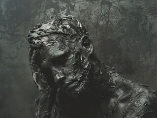 A man covered in dark clay sits with his head in his hands, looking forlorn and sad.