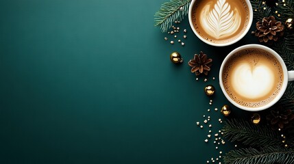   Two cups of cappuccino on a green background with pine cones and Christmas decorations surrounding them