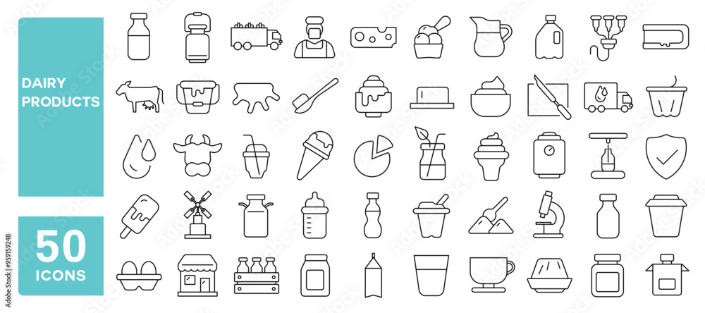 Set of 50 line icons related to dairy products, milk, yoghurt ...