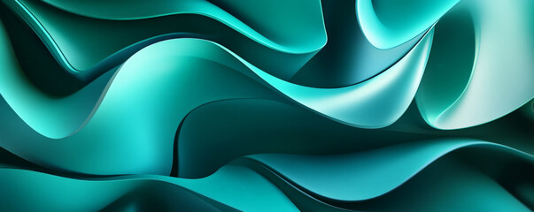 An abstract 3D background with twisting ribbons in gradient hues of teal and green. The ribbons have a smooth, flowing texture and create a calming, contemporary effect.