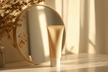 Poster - A tube of cream stands on a white surface, reflecting beautifully in a round mirror. Soft light enhances the calm ambiance. Generative AI