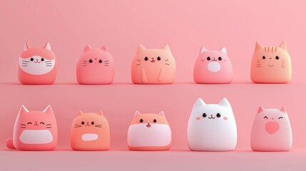 Stylized 3D cats with various expressions on pink background.