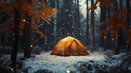 Wall Mural - Winter camping, autumn forest, outdoor, adventure, nature