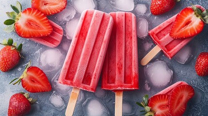 Wall Mural - Tasty Ice Pops with Fresh Strawberries