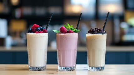 Wall Mural - three clear drinking glass filled by shakes